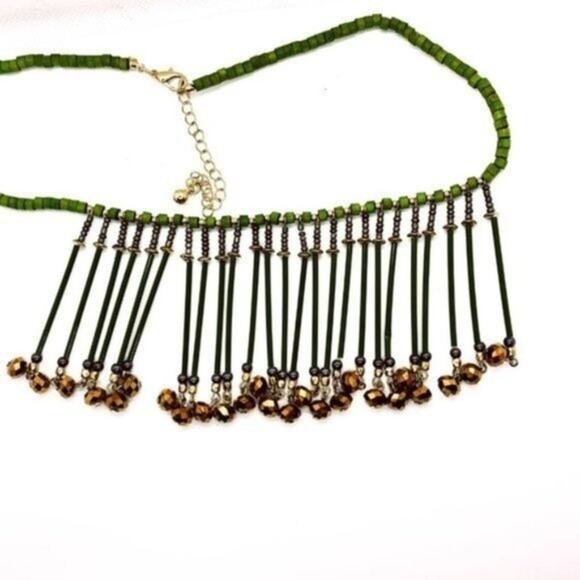 Green Bronze Wood Bib Style Necklace & Earring set - Picture 3 of 8